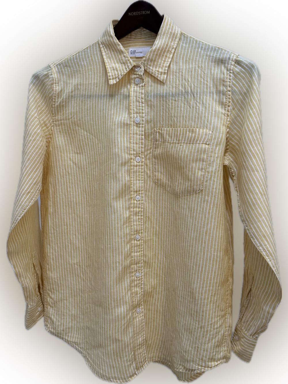 GAP 100% LINEN BOYFRIEND SHIRT LONG SLEEVE STRIPES POCKET YELLOW WHITE S 539258